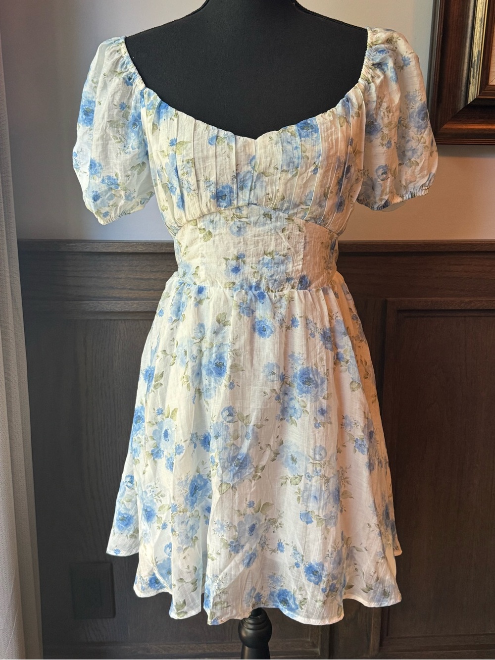 Blu Pepper Blue Floral Puff Sleeve Mini Dress large